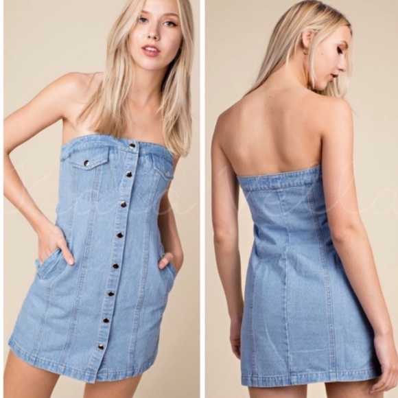 💃Denim Jean Strapless Dress Denim Dress - Picture 3 of 7